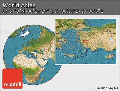 Satellite Location Map of the Area around 38° 9' 19" N, 28° 7' 30" E
