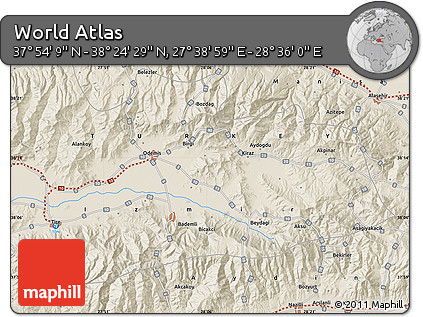 Shaded Relief Map of the Area around 38° 9' 19" N, 28° 7' 30" E