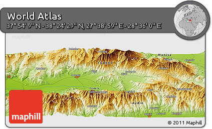 Physical Panoramic Map of the Area around 38° 9' 19" N, 28° 7' 30" E