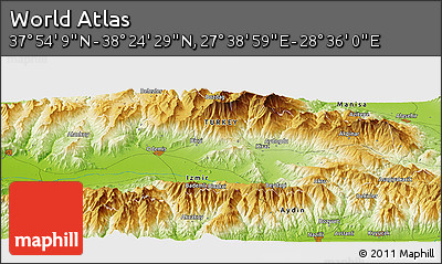 Physical Panoramic Map of the Area around 38° 9' 19" N, 28° 7' 30" E