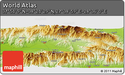 Physical Panoramic Map of the Area around 38° 9' 19" N, 28° 7' 30" E