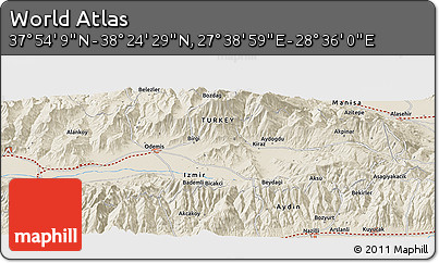 Shaded Relief Panoramic Map of the Area around 38° 9' 19" N, 28° 7' 30" E