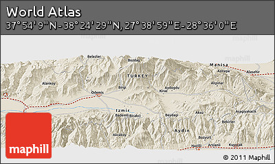 Shaded Relief Panoramic Map of the Area around 38° 9' 19" N, 28° 7' 30" E