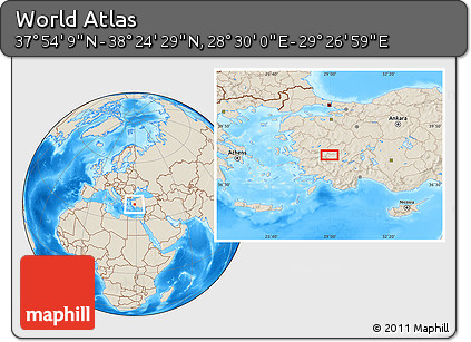 Shaded Relief Location Map of the Area around 38° 9' 19" N, 28° 58' 30" E