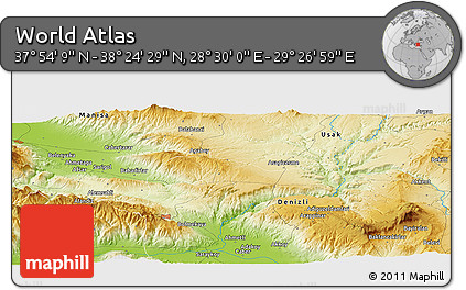 Physical Panoramic Map of the Area around 38° 9' 19" N, 28° 58' 30" E