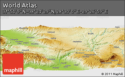 Physical Panoramic Map of the Area around 38° 9' 19" N, 28° 58' 30" E