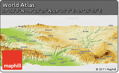 Physical Panoramic Map of the Area around 38° 9' 19" N, 28° 58' 30" E