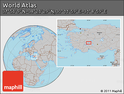 Gray Location Map of the Area around 38° 9' 19" N, 30° 40' 29" E