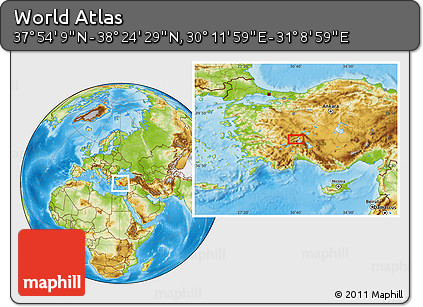 Physical Location Map of the Area around 38° 9' 19" N, 30° 40' 29" E