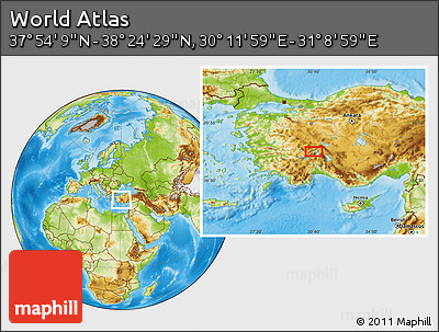 Physical Location Map of the Area around 38° 9' 19" N, 30° 40' 29" E