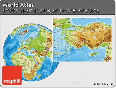 Physical Location Map of the Area around 38° 9' 19" N, 30° 40' 29" E