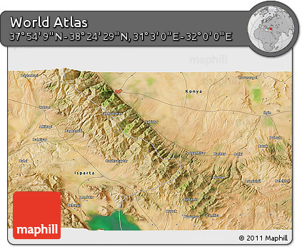 Satellite 3D Map of the Area around 38° 9' 19" N, 31° 31' 29" E