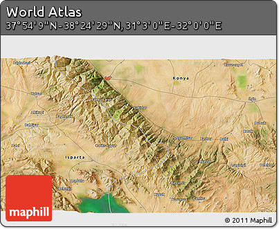 Satellite 3D Map of the Area around 38° 9' 19" N, 31° 31' 29" E