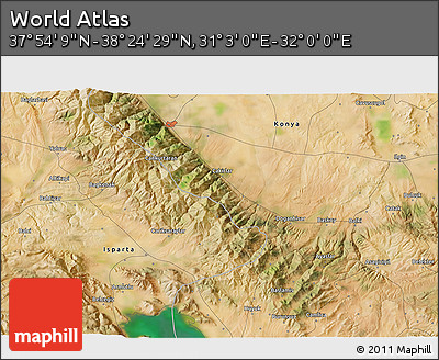 Satellite 3D Map of the Area around 38° 9' 19" N, 31° 31' 29" E