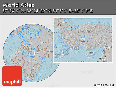 Gray Location Map of the Area around 38° 9' 19" N, 31° 31' 29" E, hill shading