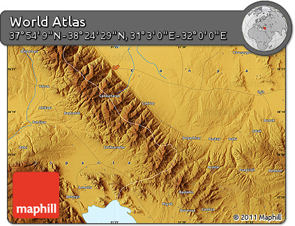 Physical Map of the Area around 38° 9' 19" N, 31° 31' 29" E