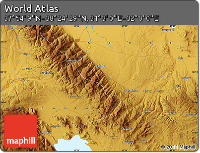 Physical Map of the Area around 38° 9' 19" N, 31° 31' 29" E