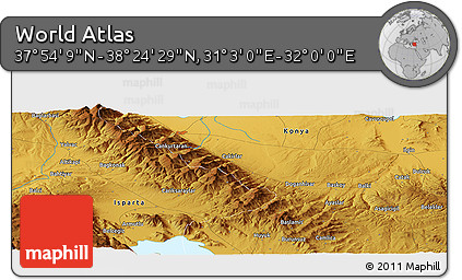 Physical Panoramic Map of the Area around 38° 9' 19" N, 31° 31' 29" E