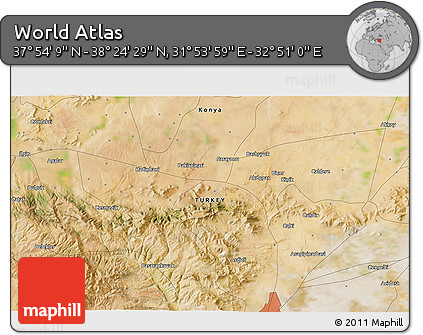 Satellite 3D Map of the Area around 38° 9' 19" N, 32° 22' 30" E