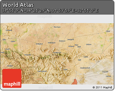 Satellite 3D Map of the Area around 38° 9' 19" N, 32° 22' 30" E