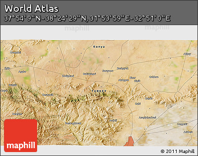 Satellite 3D Map of the Area around 38° 9' 19" N, 32° 22' 30" E