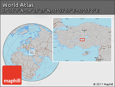 Gray Location Map of the Area around 38° 9' 19" N, 32° 22' 30" E