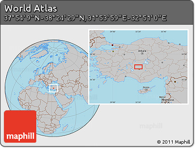 Gray Location Map of the Area around 38° 9' 19" N, 32° 22' 30" E