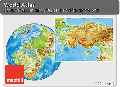 Physical Location Map of the Area around 38° 9' 19" N, 32° 22' 30" E