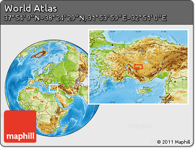 Physical Location Map of the Area around 38° 9' 19" N, 32° 22' 30" E
