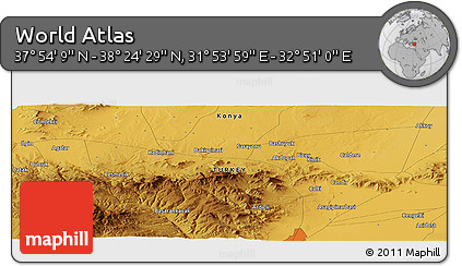 Physical Panoramic Map of the Area around 38° 9' 19" N, 32° 22' 30" E