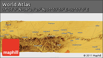 Physical Panoramic Map of the Area around 38° 9' 19" N, 32° 22' 30" E