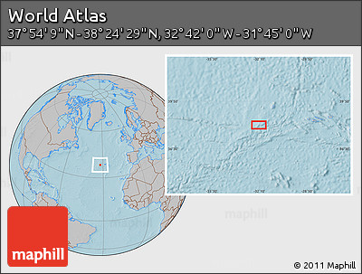 Gray Location Map of the Area around 38° 9' 19" N, 32° 13' 30" W, hill shading