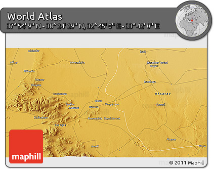 Physical 3D Map of the Area around 38° 9' 19" N, 33° 13' 30" E
