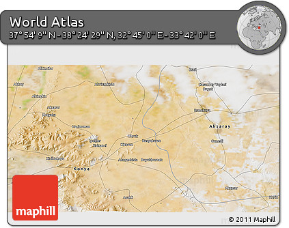 Satellite 3D Map of the Area around 38° 9' 19" N, 33° 13' 30" E