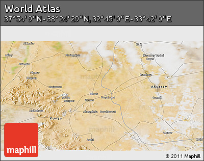 Satellite 3D Map of the Area around 38° 9' 19" N, 33° 13' 30" E