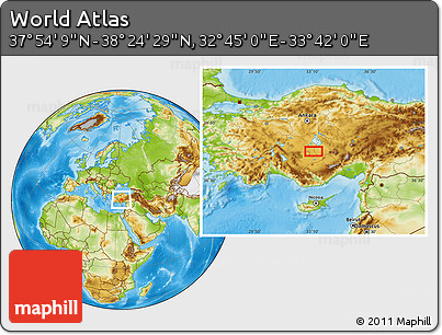 Physical Location Map of the Area around 38° 9' 19" N, 33° 13' 30" E