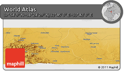 Physical Panoramic Map of the Area around 38° 9' 19" N, 33° 13' 30" E