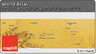 Physical Panoramic Map of the Area around 38° 9' 19" N, 33° 13' 30" E