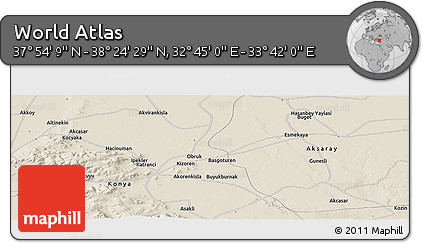 Shaded Relief Panoramic Map of the Area around 38° 9' 19" N, 33° 13' 30" E