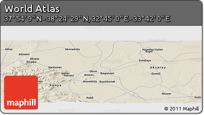 Shaded Relief Panoramic Map of the Area around 38° 9' 19" N, 33° 13' 30" E