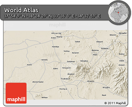 Shaded Relief 3D Map of the Area around 38° 9' 19" N, 34° 4' 30" E