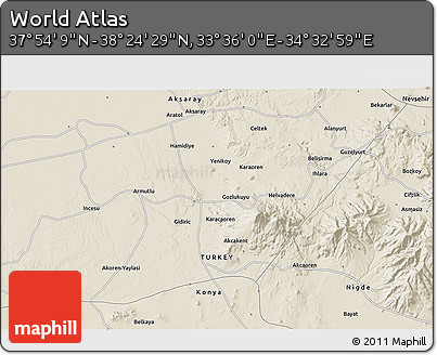 Shaded Relief 3D Map of the Area around 38° 9' 19" N, 34° 4' 30" E