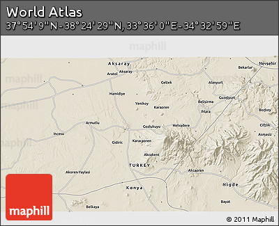 Shaded Relief 3D Map of the Area around 38° 9' 19" N, 34° 4' 30" E