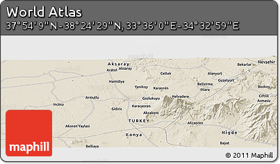Shaded Relief Panoramic Map of the Area around 38° 9' 19" N, 34° 4' 30" E