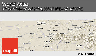 Shaded Relief Panoramic Map of the Area around 38° 9' 19" N, 34° 4' 30" E