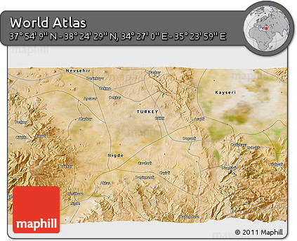 Satellite 3D Map of the Area around 38° 9' 19" N, 34° 55' 29" E