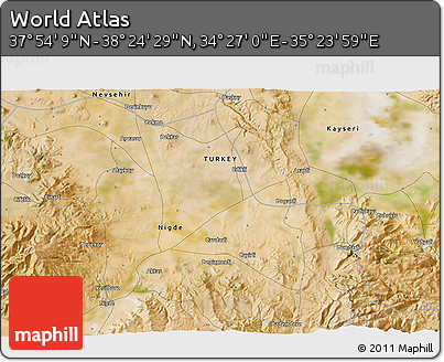 Satellite 3D Map of the Area around 38° 9' 19" N, 34° 55' 29" E