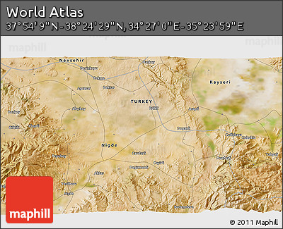 Satellite 3D Map of the Area around 38° 9' 19" N, 34° 55' 29" E