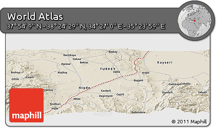 Shaded Relief Panoramic Map of the Area around 38° 9' 19" N, 34° 55' 29" E
