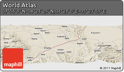 Shaded Relief Panoramic Map of the Area around 38° 9' 19" N, 34° 55' 29" E